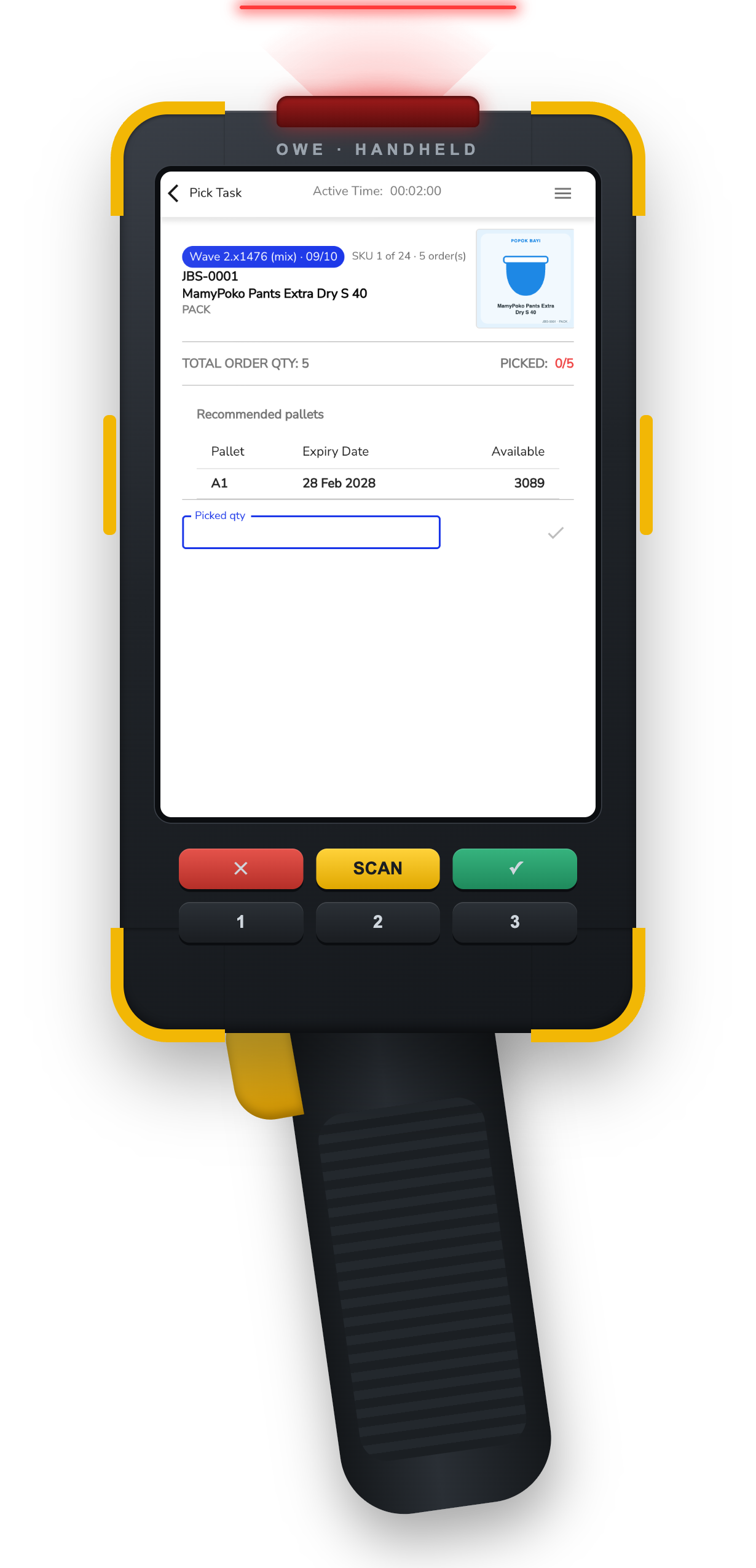 OWE pick screen on a rugged handheld barcode scanner used by warehouse pickers