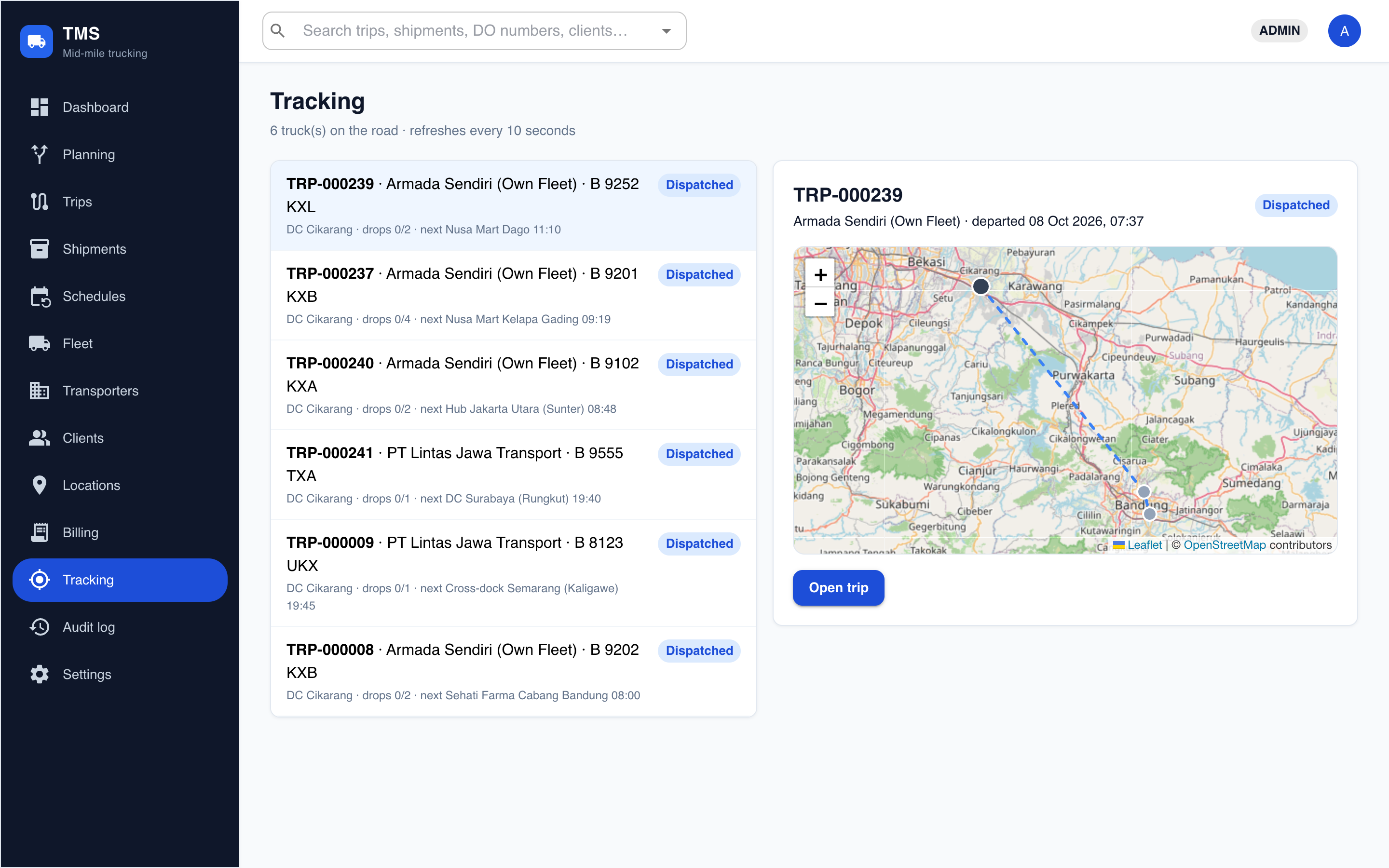 TMS tracking map with trucks on the road