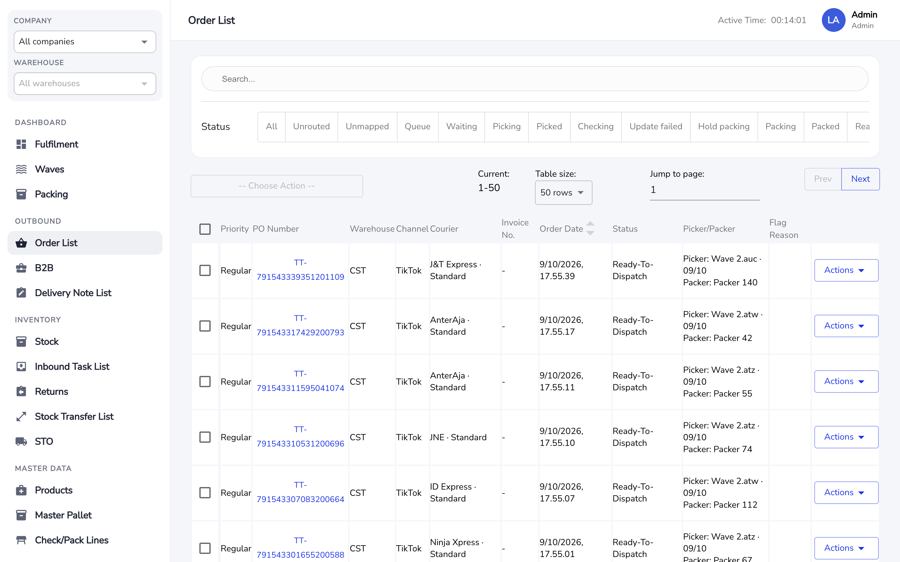 OWE order list with priorities, couriers and statuses