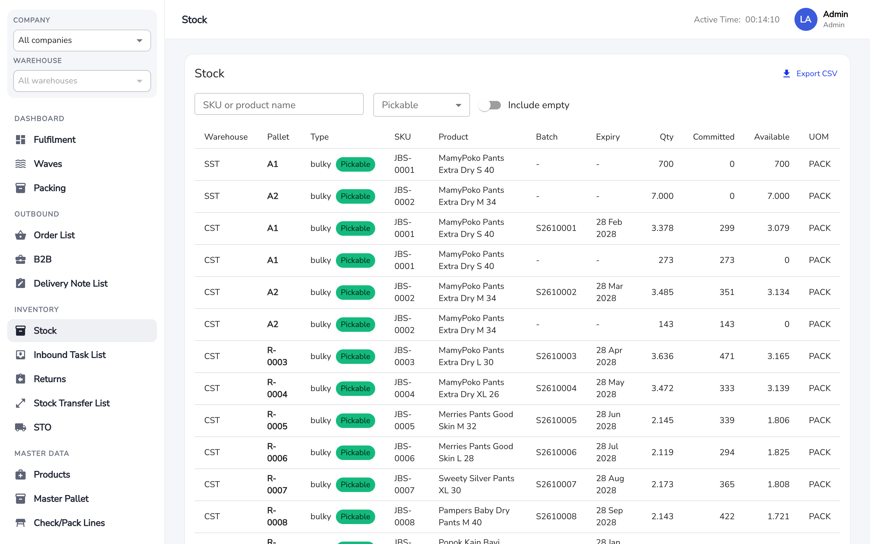 OWE stock per pallet